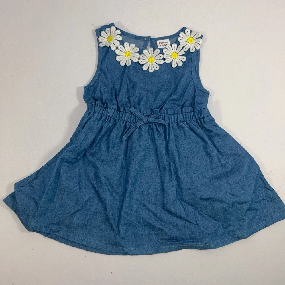 PatPat Girls 18-24 Months Blue‎ Denim Dress Sleeveless Floral Appliques Casual